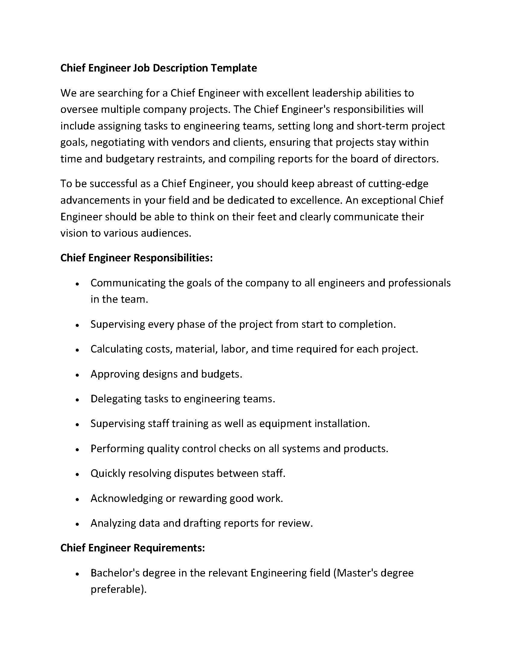 Chief Engineer Job Description Template